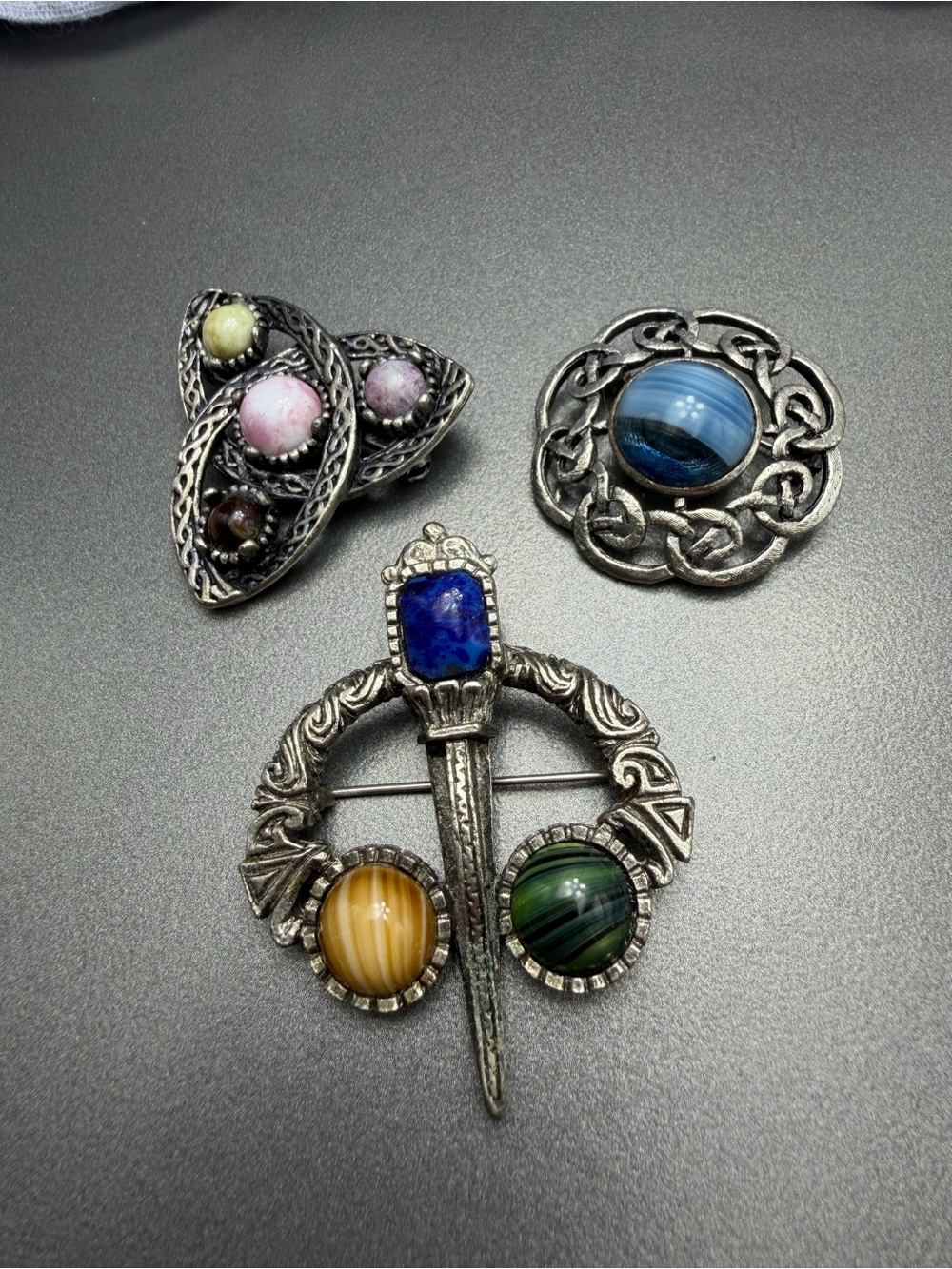 Vintage Celtic-Inspired Multicolor Stone Brooch Set #26cel